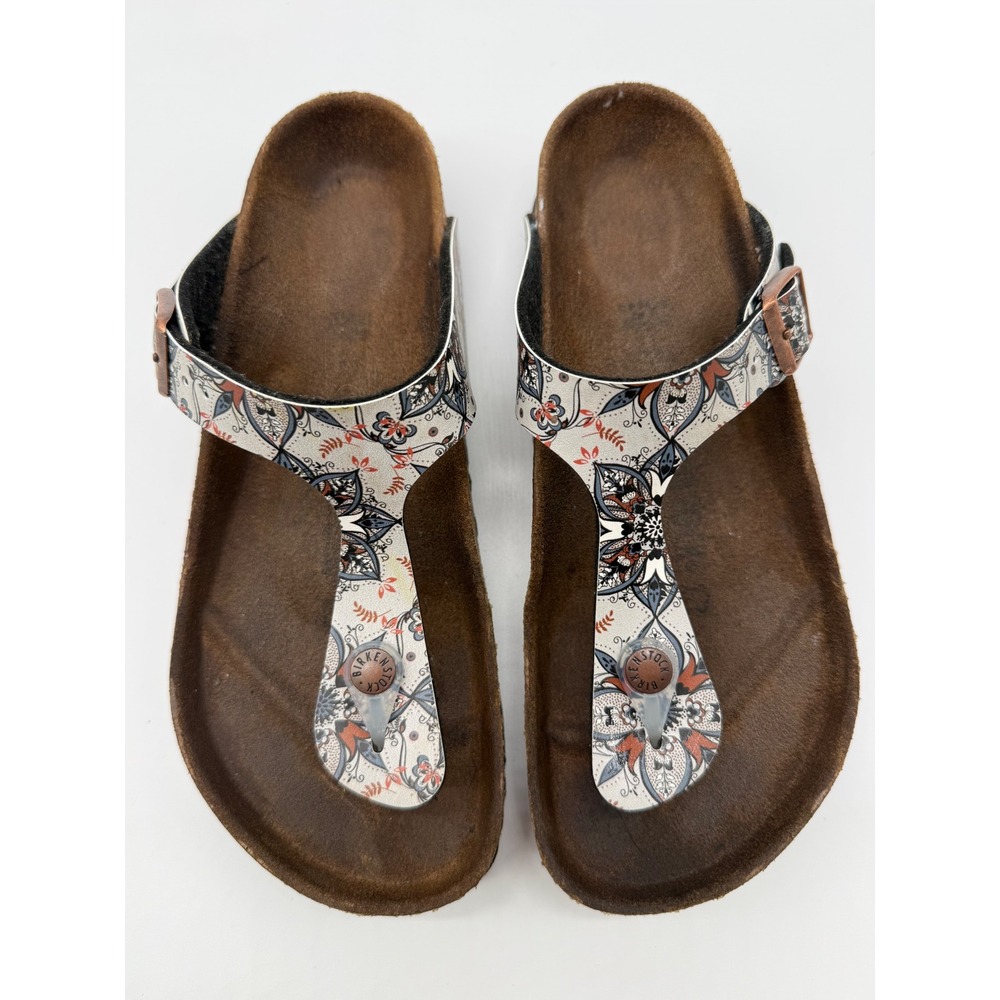 Birkenstock Brown Footbed Sandals with Cream, Black & Rust Patterned Straps - Picture 2 of 8
